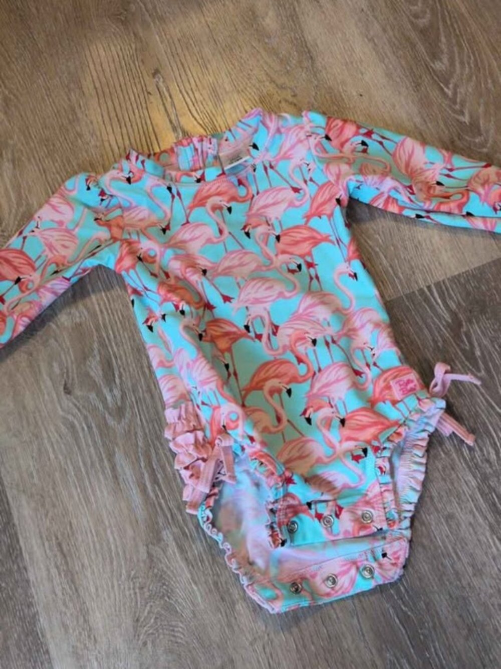 Ruffle Butts baby long sleeve flamingo swimsuit 12-18m